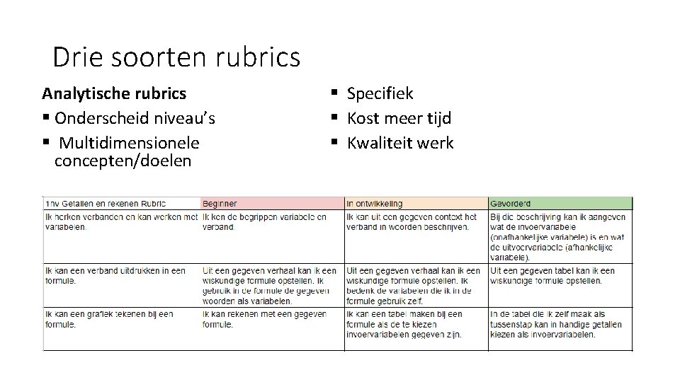 Drie soorten rubrics Analytische rubrics § Onderscheid niveau’s § Multidimensionele concepten/doelen § Specifiek §