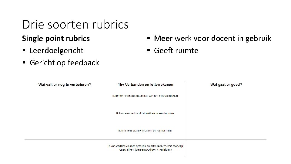 Drie soorten rubrics Single point rubrics § Leerdoelgericht § Gericht op feedback § Meer