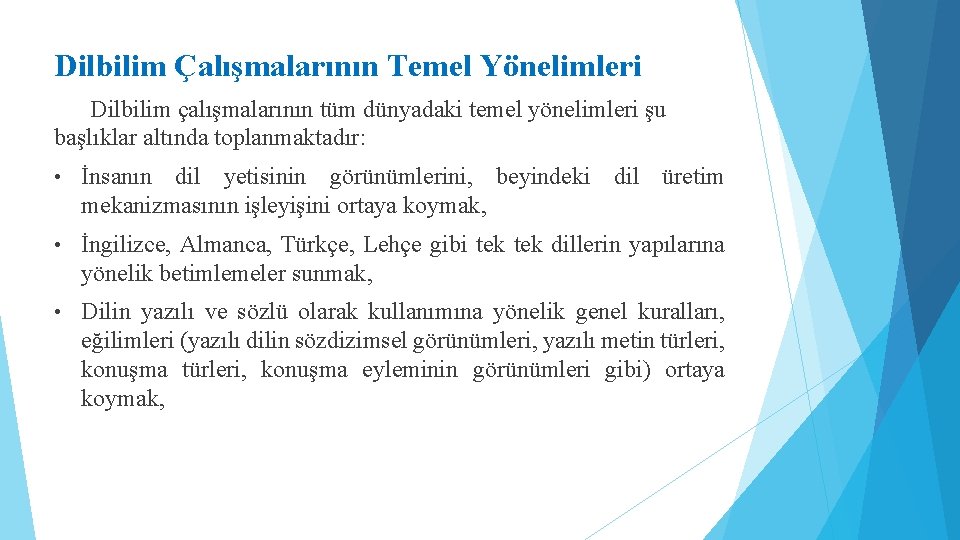 Dilbilim Çalışmalarının Temel Yönelimleri Dilbilim çalışmalarının tüm dünyadaki temel yönelimleri şu başlıklar altında toplanmaktadır: