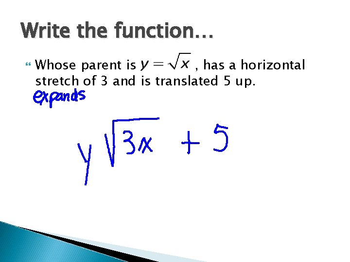 Write the function… Whose parent is , has a horizontal stretch of 3 and