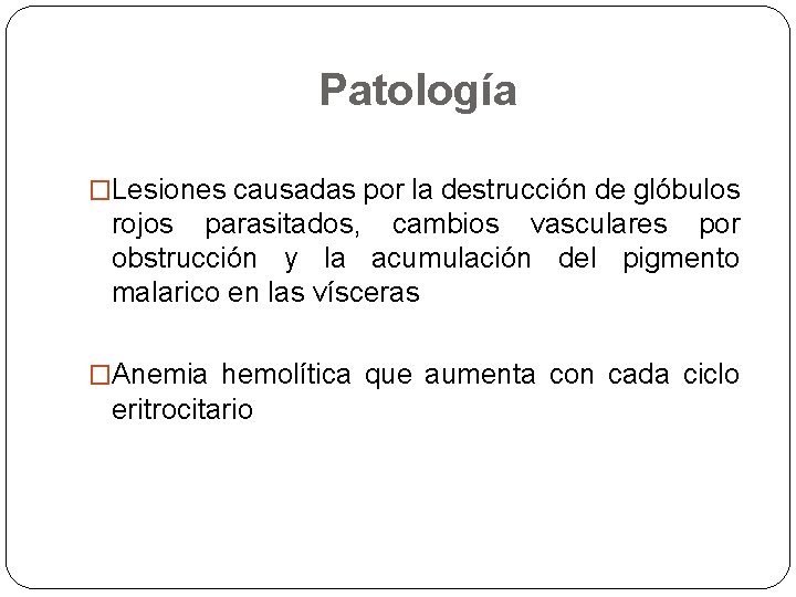 Patología �Lesiones causadas por la destrucción de glóbulos rojos parasitados, cambios vasculares por obstrucción