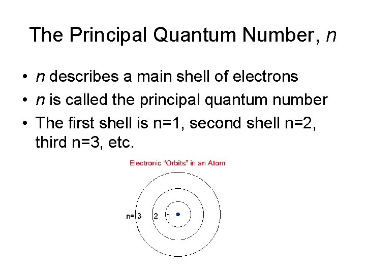The Principal Quantum Number, n • n describes a main shell of electrons •