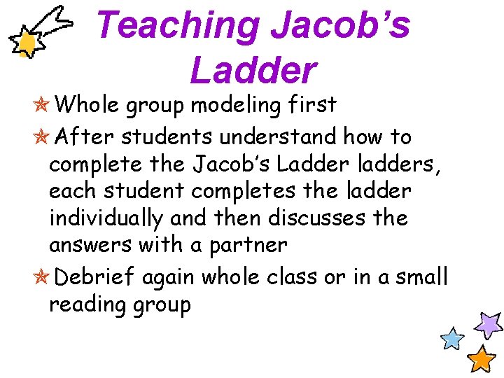 Teaching Jacob’s Ladder Whole group modeling first After students understand how to complete the