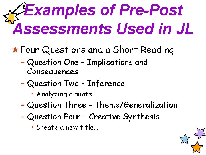 Examples of Pre-Post Assessments Used in JL Four Questions and a Short Reading –