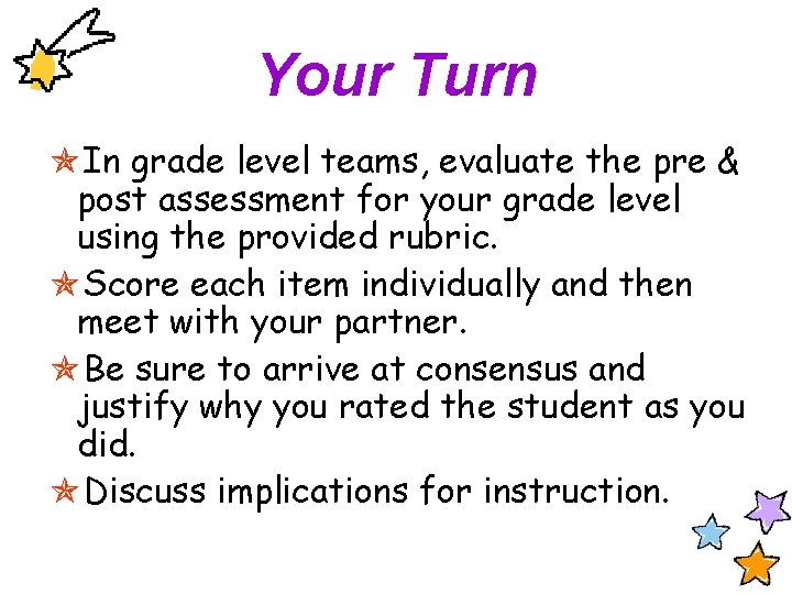 Your Turn In grade level teams, evaluate the pre & post assessment for your