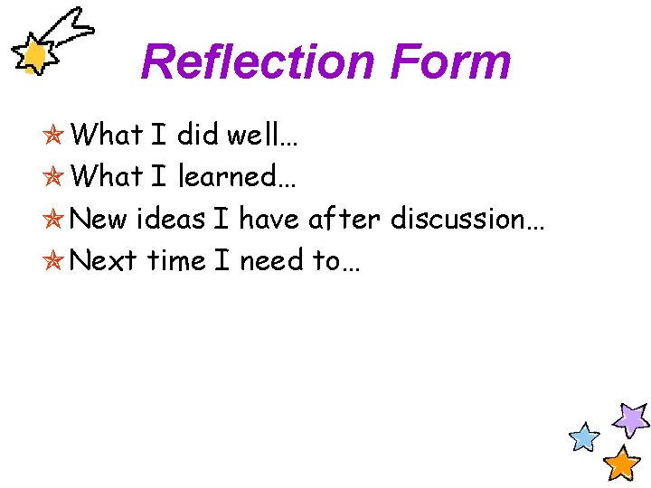 Reflection Form What I did well… What I learned… New ideas I have after