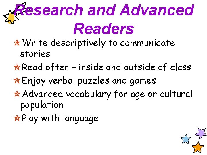 Research and Advanced Readers Write descriptively to communicate stories Read often – inside and