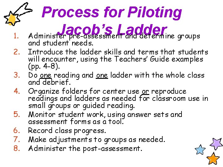 1. 2. 3. 4. 5. 6. 7. 8. Process for Piloting Jacob’s Ladder Administer