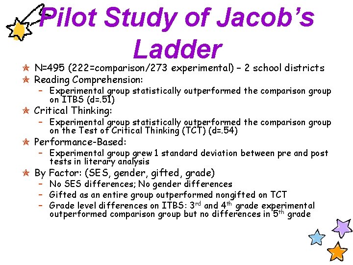 Pilot Study of Jacob’s Ladder N=495 (222=comparison/273 experimental) – 2 school districts Reading Comprehension:
