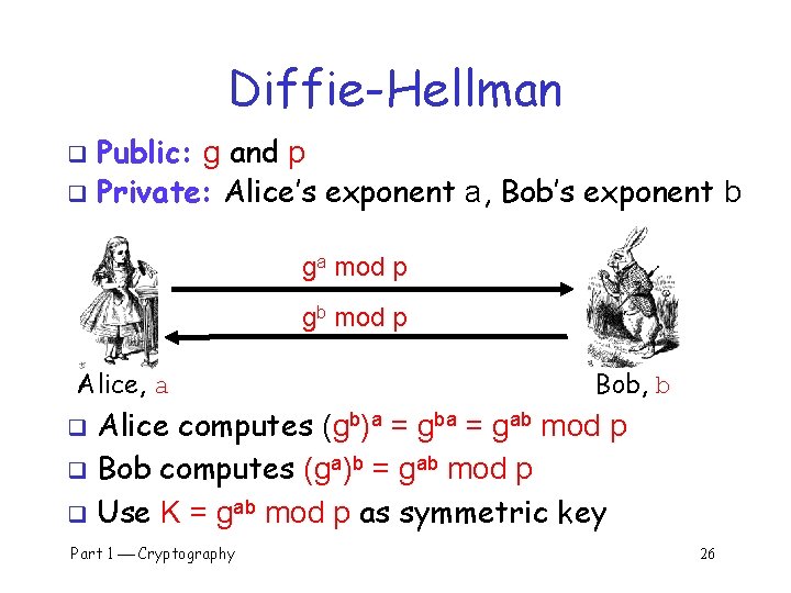 Diffie-Hellman Public: g and p q Private: Alice’s exponent a, Bob’s exponent b q