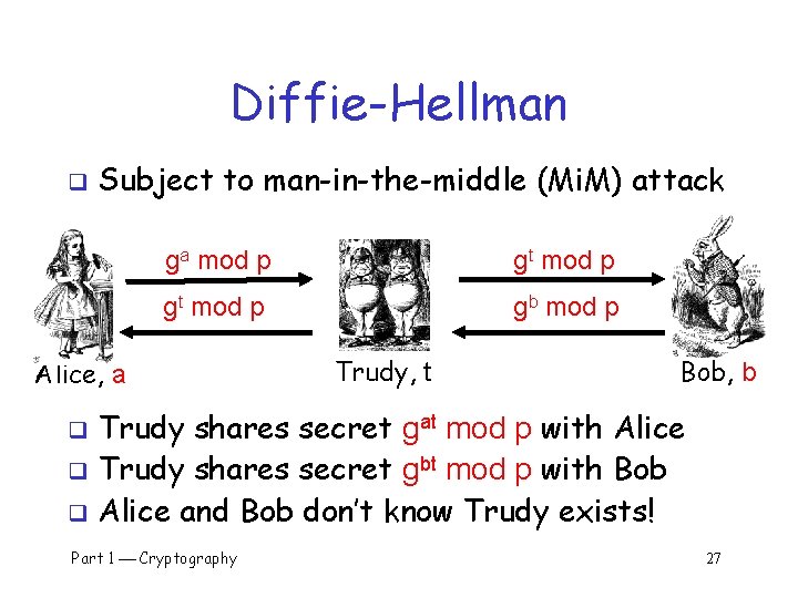 Diffie-Hellman q Subject to man-in-the-middle (Mi. M) attack ga mod p gt mod p
