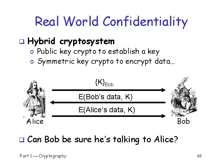 Real World Confidentiality q Hybrid cryptosystem o Public key crypto to establish a key