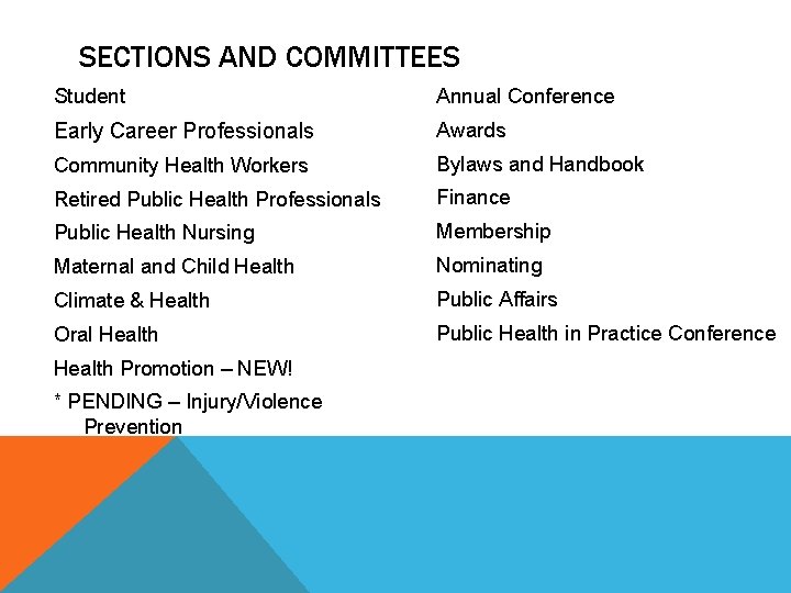 SECTIONS AND COMMITTEES Student Annual Conference Early Career Professionals Awards Community Health Workers Bylaws