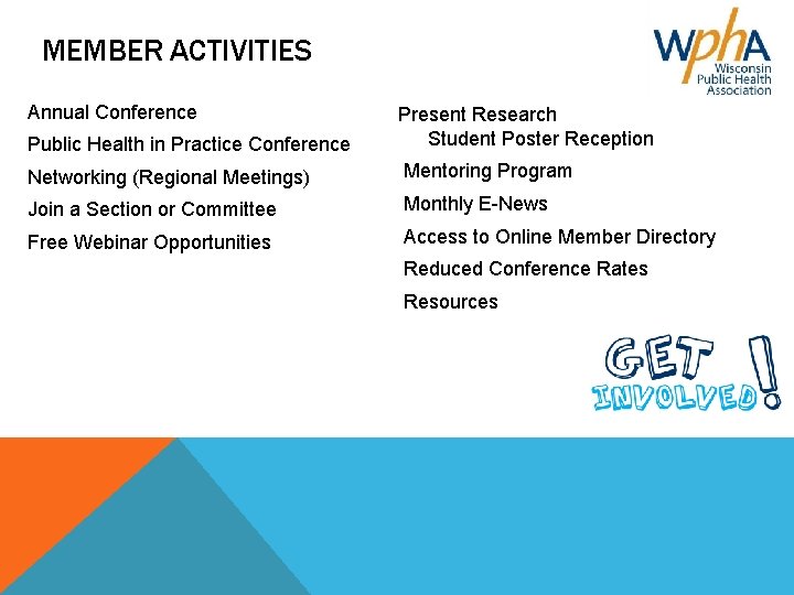 MEMBER ACTIVITIES Annual Conference Public Health in Practice Conference Present Research Student Poster Reception