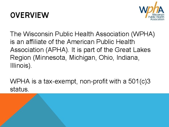 OVERVIEW The Wisconsin Public Health Association (WPHA) is an affiliate of the American Public
