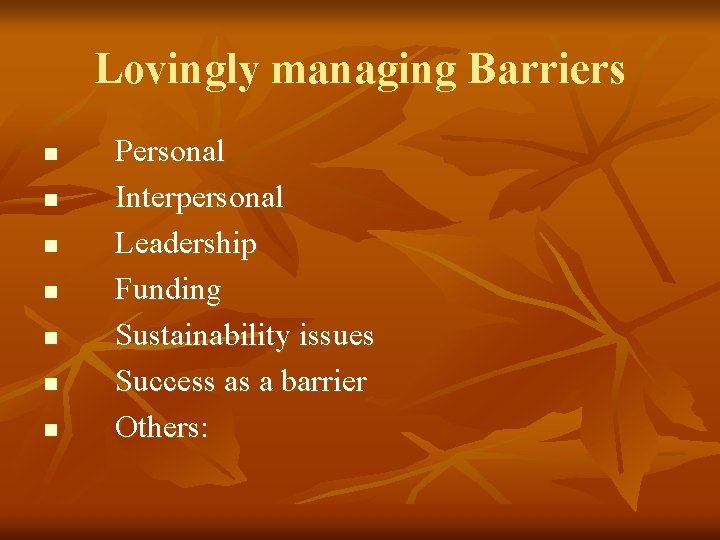 Lovingly managing Barriers n n n n Personal Interpersonal Leadership Funding Sustainability issues Success