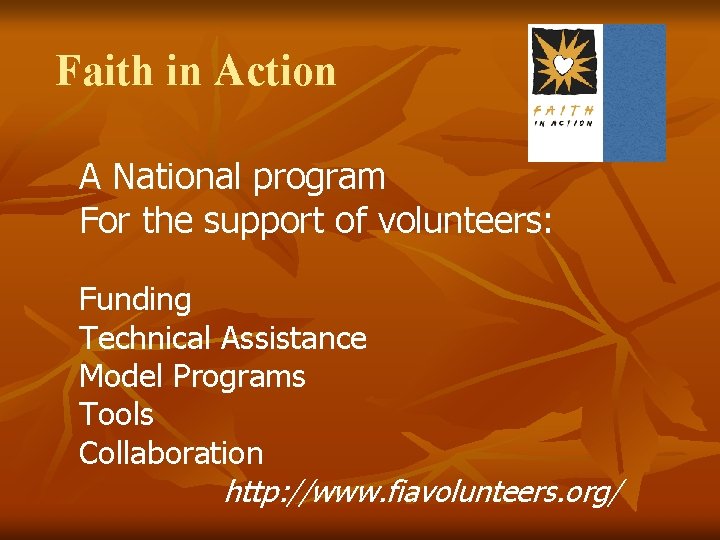Faith in Action A National program For the support of volunteers: Funding Technical Assistance