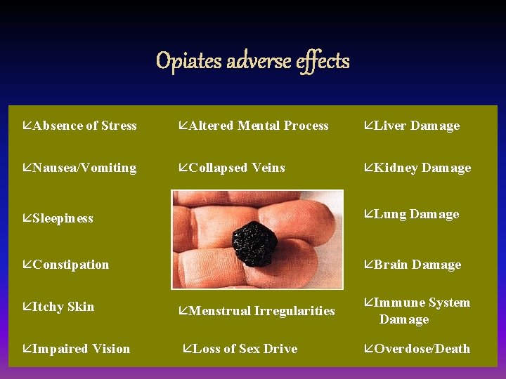 åAbsence of Stress åAltered Mental Process åLiver Damage åNausea/Vomiting åCollapsed Veins åKidney Damage åSleepiness