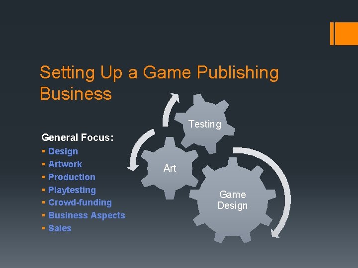Setting Up a Game Publishing Business Testing General Focus: § § § § Design