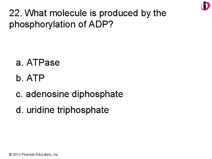22. What molecule is produced by the phosphorylation of ADP? a. ATPase b. ATP