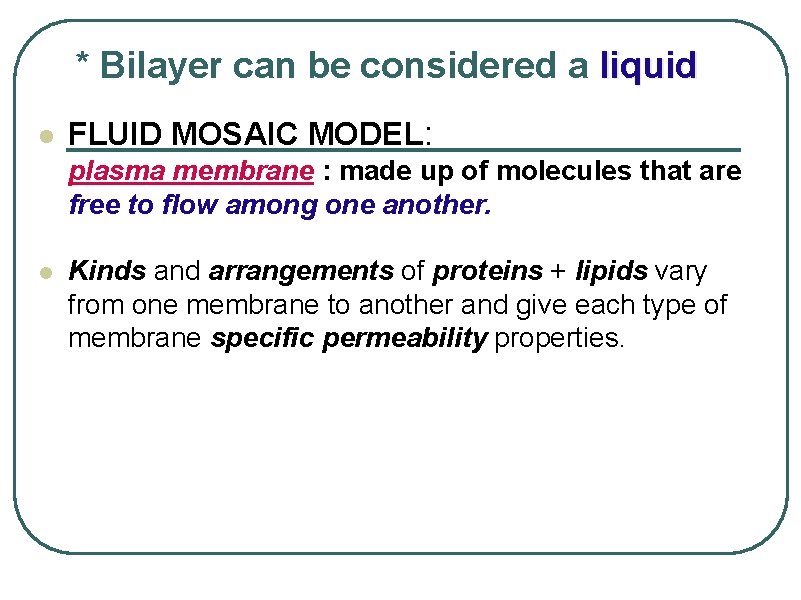 * Bilayer can be considered a liquid l FLUID MOSAIC MODEL: plasma membrane :