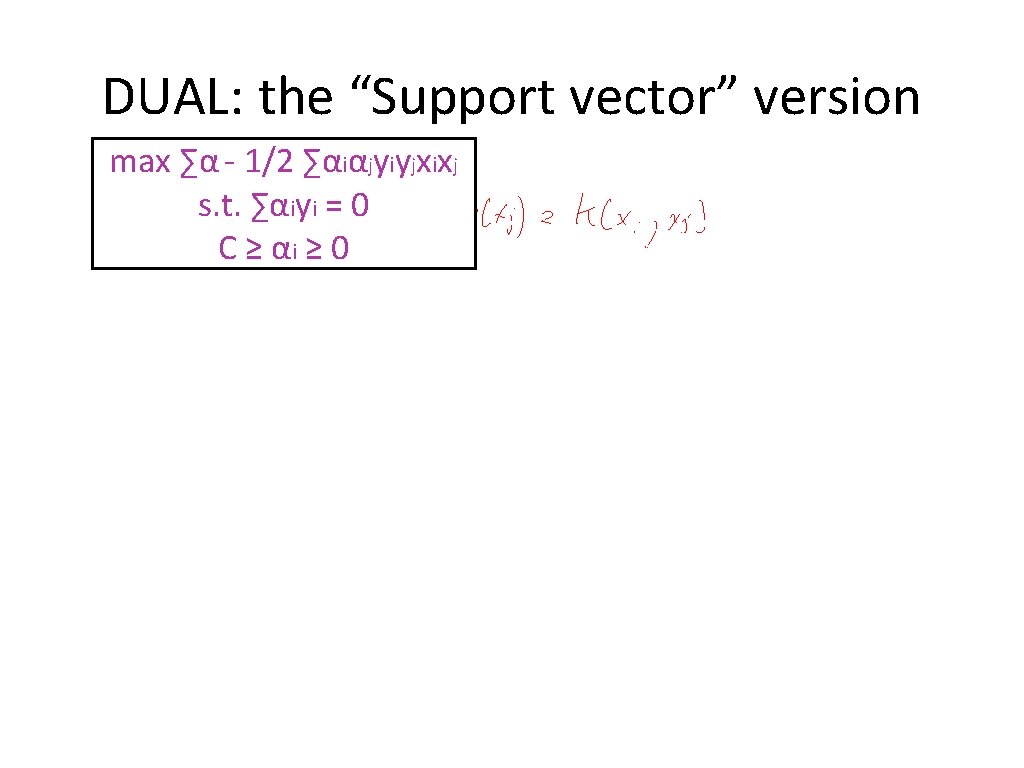 DUAL: the “Support vector” version max ∑α - 1/2 ∑αiαjyiyjxixj s. t. ∑αiyi =