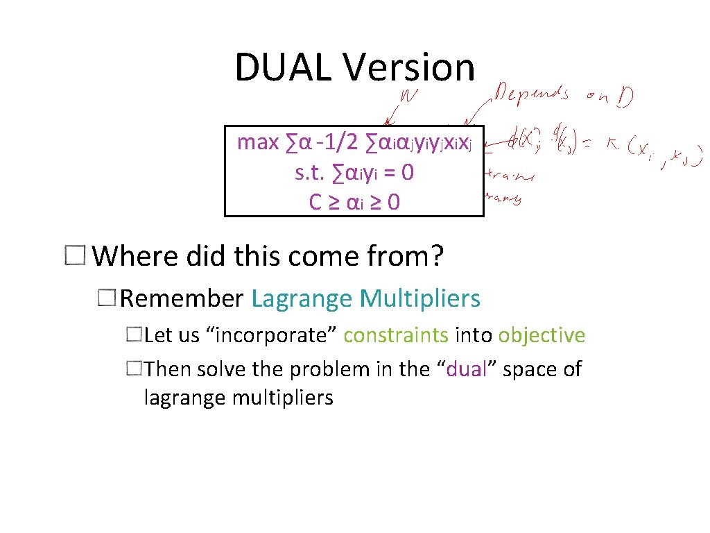 DUAL Version max ∑α -1/2 ∑αiαjyiyjxixj s. t. ∑αiyi = 0 C ≥ αi
