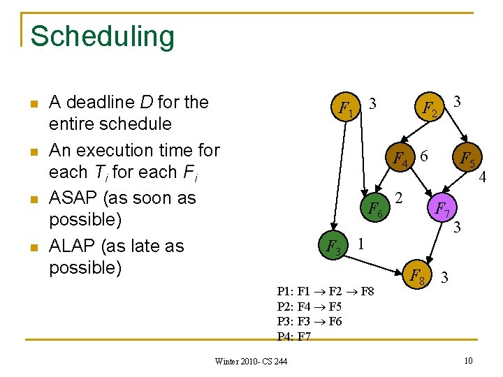 Scheduling n n A deadline D for the entire schedule An execution time for