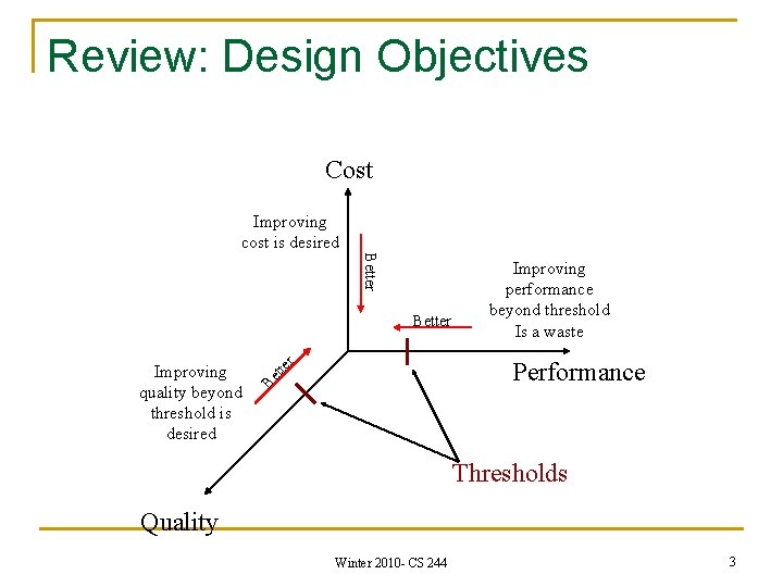 Review: Design Objectives Cost Improving cost is desired Better te r Performance Be t