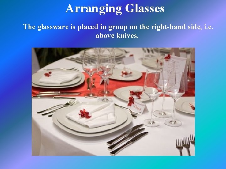 Arranging Glasses The glassware is placed in group on the right-hand side, i. e.