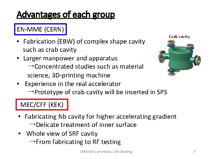 Advantages of each group EN-MME (CERN) • Fabrication (EBW) of complex shape cavity such