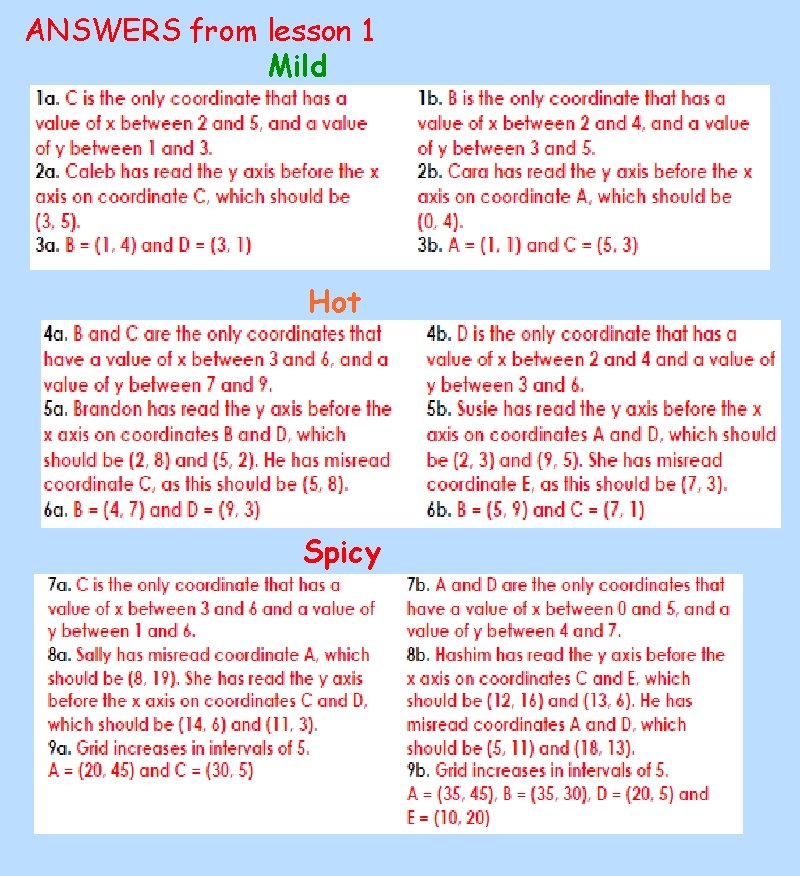 ANSWERS from lesson 1 Mild Hot Spicy 