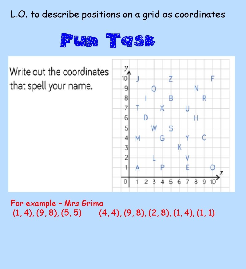 L. O. to describe positions on a grid as coordinates Fun Task For example