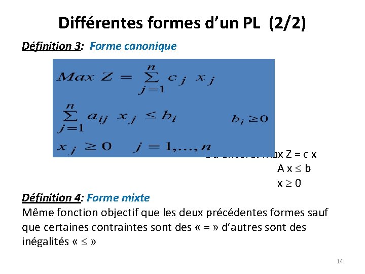 Différentes formes d’un PL (2/2) Définition 3: Forme canonique Ou encore: Max Z =