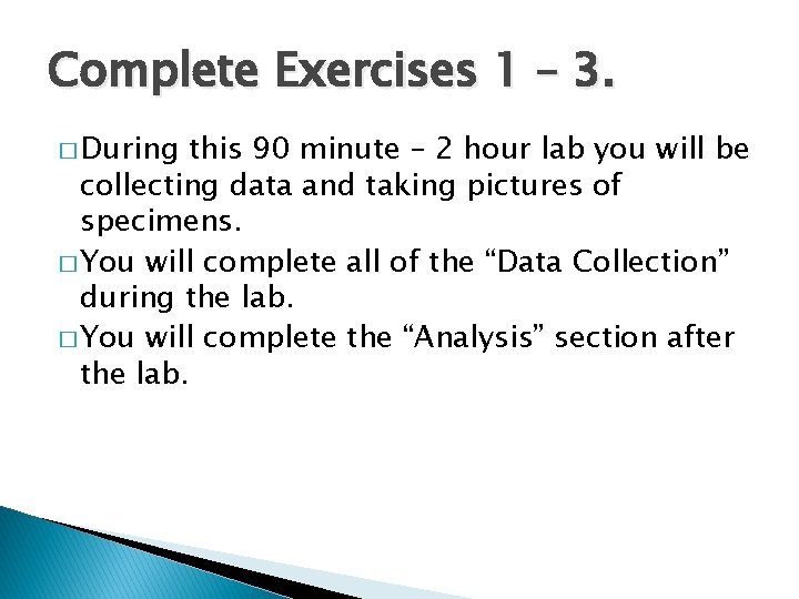 Complete Exercises 1 – 3. � During this 90 minute – 2 hour lab