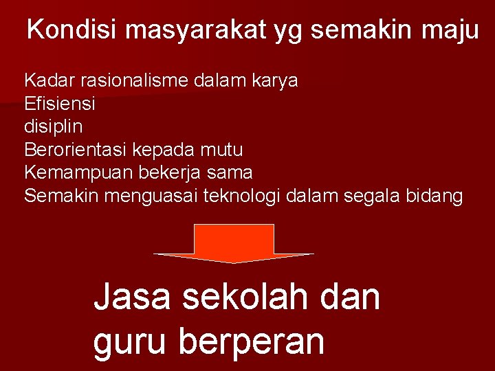 Kondisi masyarakat yg semakin maju Kadar rasionalisme dalam karya Efisiensi disiplin Berorientasi kepada mutu