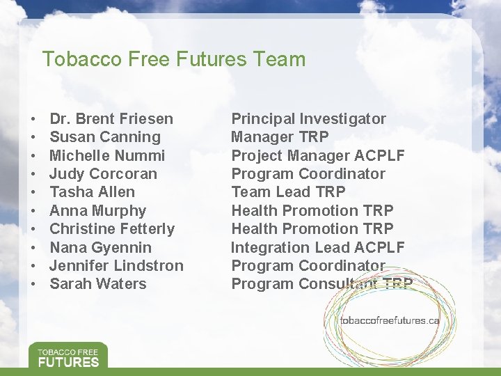 Tobacco Free Futures Team • • • Dr. Brent Friesen Susan Canning Michelle Nummi