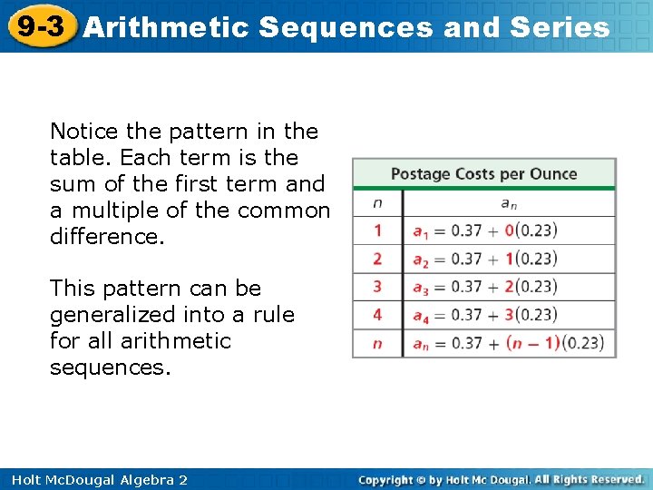 9 -3 Arithmetic Sequences and Series Notice the pattern in the table. Each term 9 -3 Arithmetic Sequences and Series Notice the pattern in the table. Each term