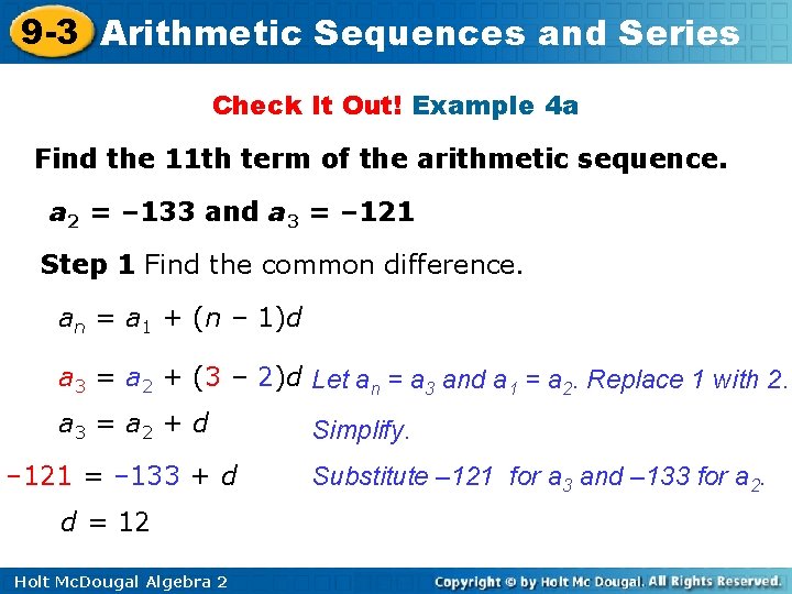 9 -3 Arithmetic Sequences and Series Check It Out! Example 4 a Find the 9 -3 Arithmetic Sequences and Series Check It Out! Example 4 a Find the