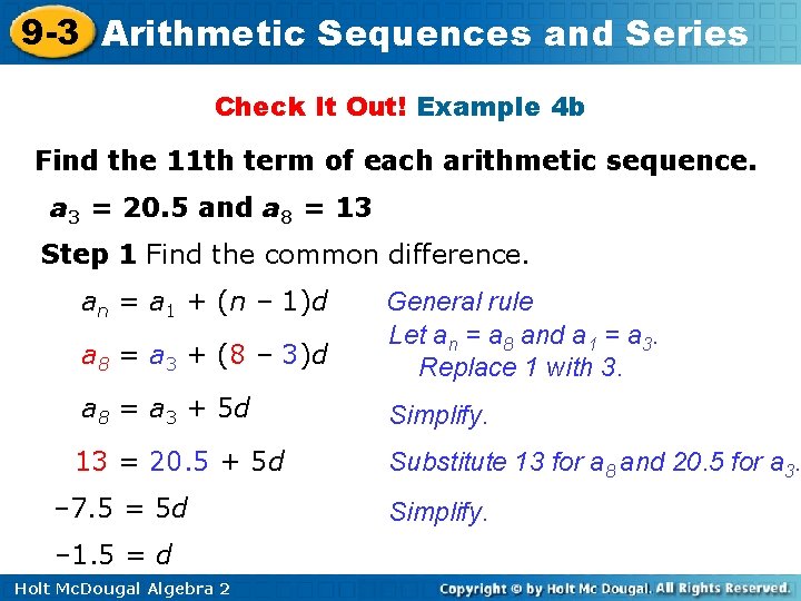 9 -3 Arithmetic Sequences and Series Check It Out! Example 4 b Find the 9 -3 Arithmetic Sequences and Series Check It Out! Example 4 b Find the