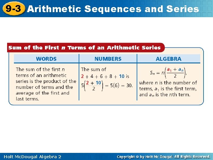 9 -3 Arithmetic Sequences and Series Holt Mc. Dougal Algebra 2 9 -3 Arithmetic Sequences and Series Holt Mc. Dougal Algebra 2