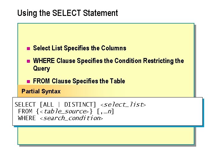 Using the SELECT Statement n Select List Specifies the Columns n WHERE Clause Specifies