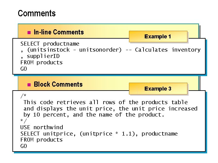 Comments n In-line Comments Example 1 SELECT productname , (unitsinstock - unitsonorder) -- Calculates