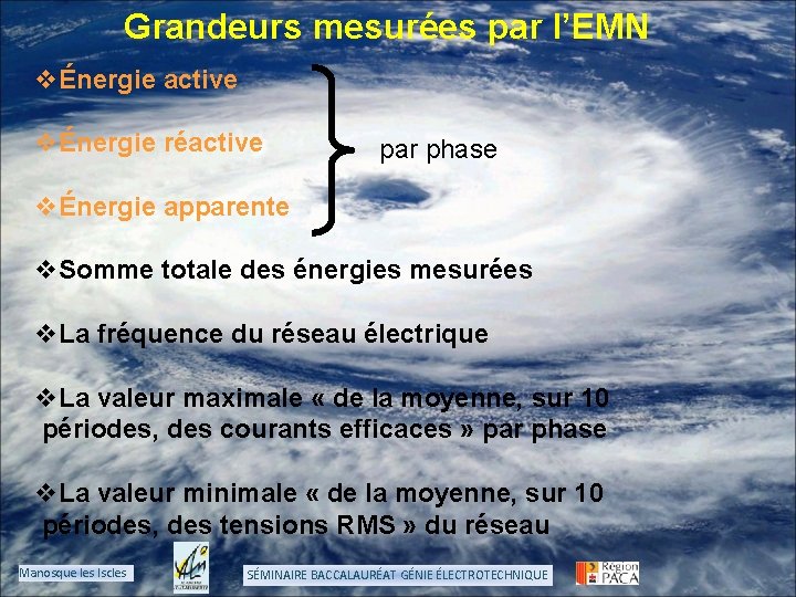 Grandeurs mesurées par l’EMN vÉnergie active vÉnergie réactive par phase vÉnergie apparente v. Somme