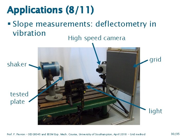 Applications (8/11) § Slope measurements: deflectometry in vibration High speed camera shaker tested plate