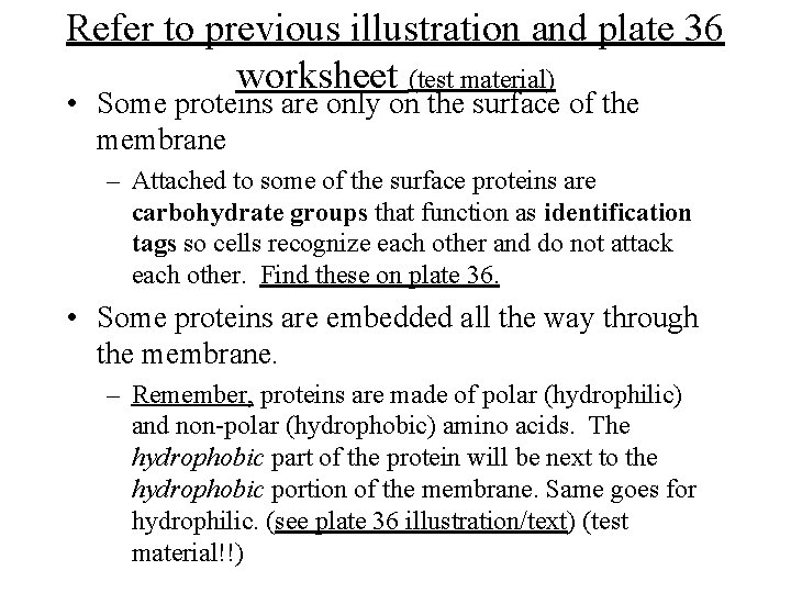 Refer to previous illustration and plate 36 worksheet (test material) • Some proteins are