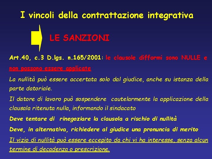 I vincoli della contrattazione integrativa LE SANZIONI Art. 40, c. 3 D. lgs. n.