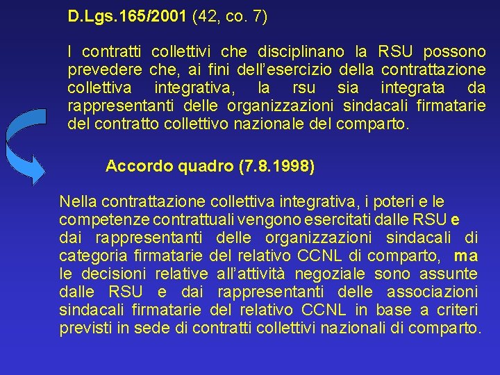 D. Lgs. 165/2001 (42, co. 7) I contratti collettivi che disciplinano la RSU possono