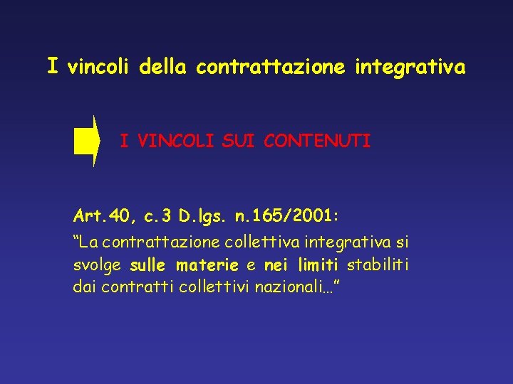 I vincoli della contrattazione integrativa I VINCOLI SUI CONTENUTI Art. 40, c. 3 D.