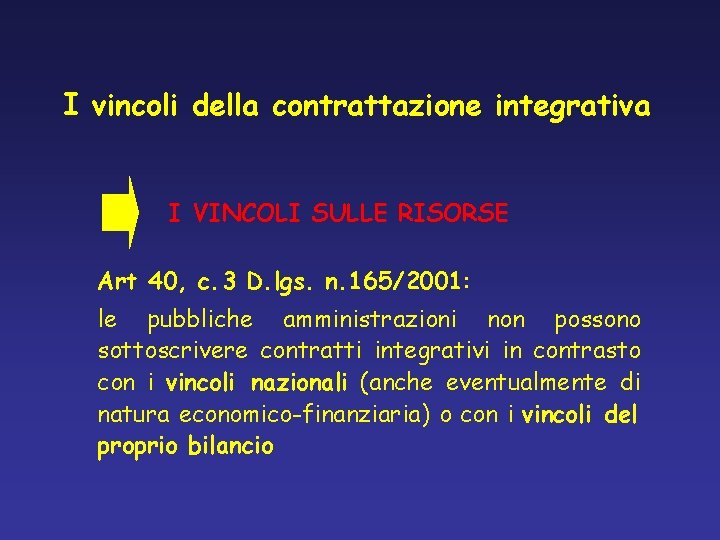 I vincoli della contrattazione integrativa I VINCOLI SULLE RISORSE Art 40, c. 3 D.